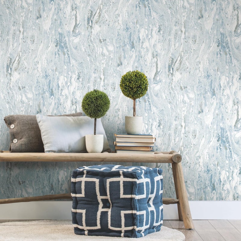 RoomMates RMK11279WP Marble Seas Metallic Blue Peel and Stick Wallpaper, Roll, Blue - Image 2